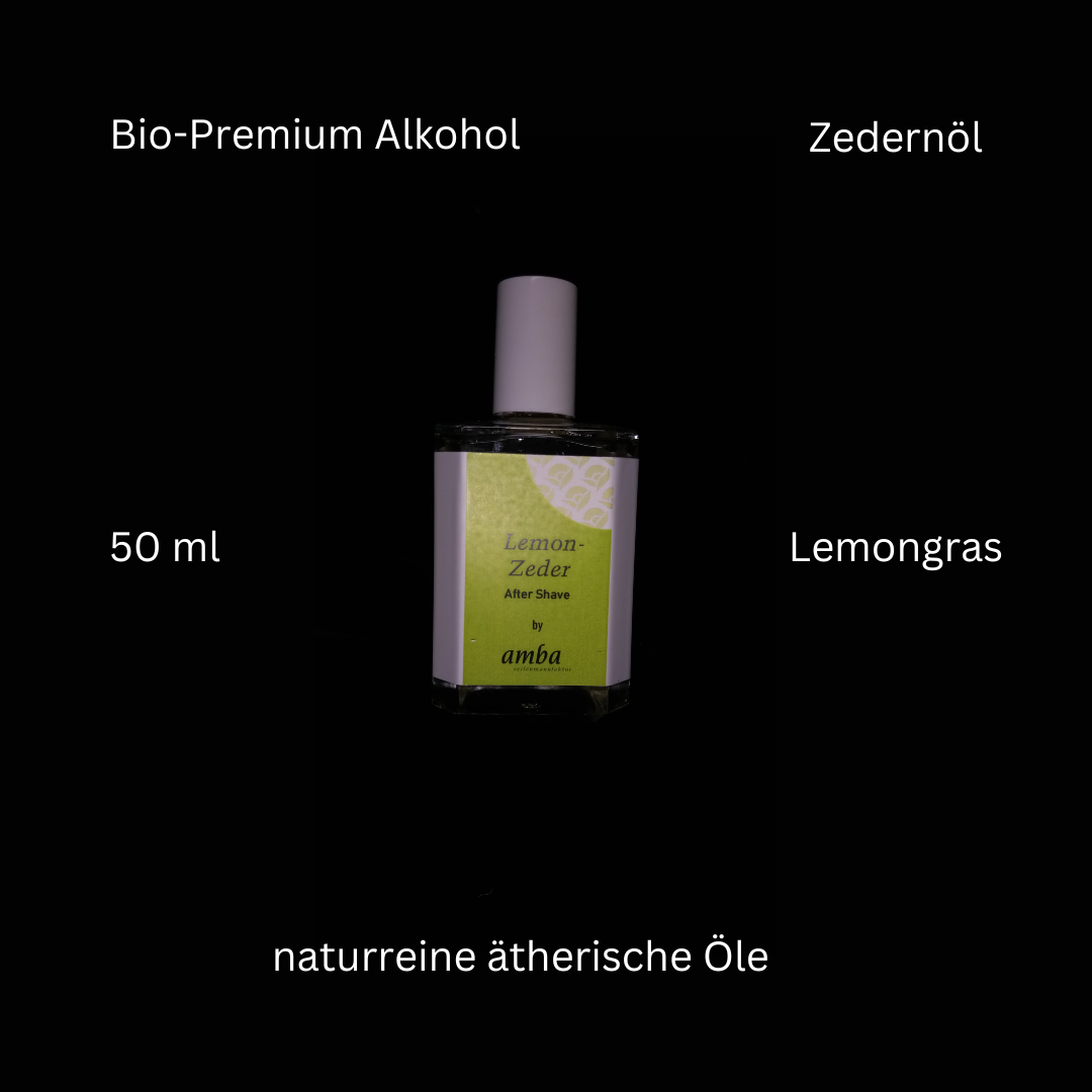Lemon Zeder After Shave im Glasflakon mit folgenden Begriffen darum: Bio-Premium Alkohol; 50 ml; naturreine ätherische Öle; Zedernöl; Lemongras