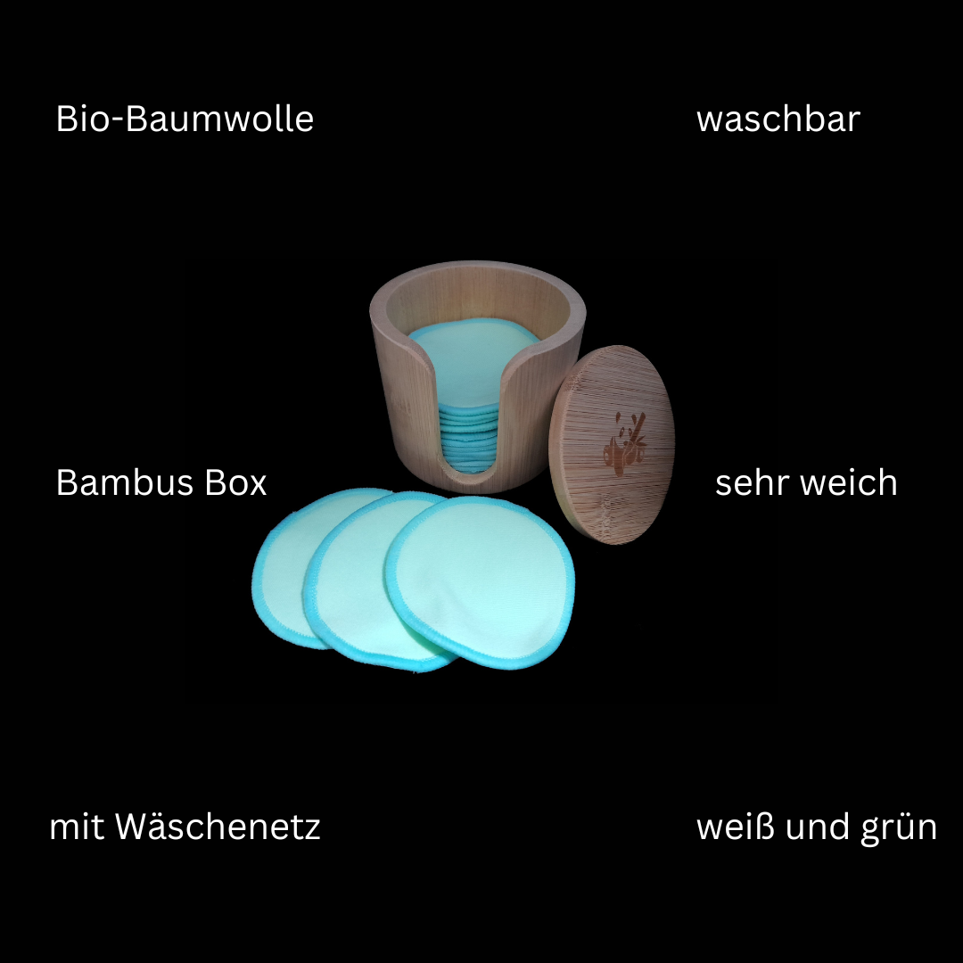 wiederverwendbare Abschminkpads aus Bambus Viskose mit Aufbewahrungsbox mit folgenden Begriffen darum: Bio-Baumwolle; Bambus Box; mit Wäschenetz; waschbar; sehr weich; weiß und grün